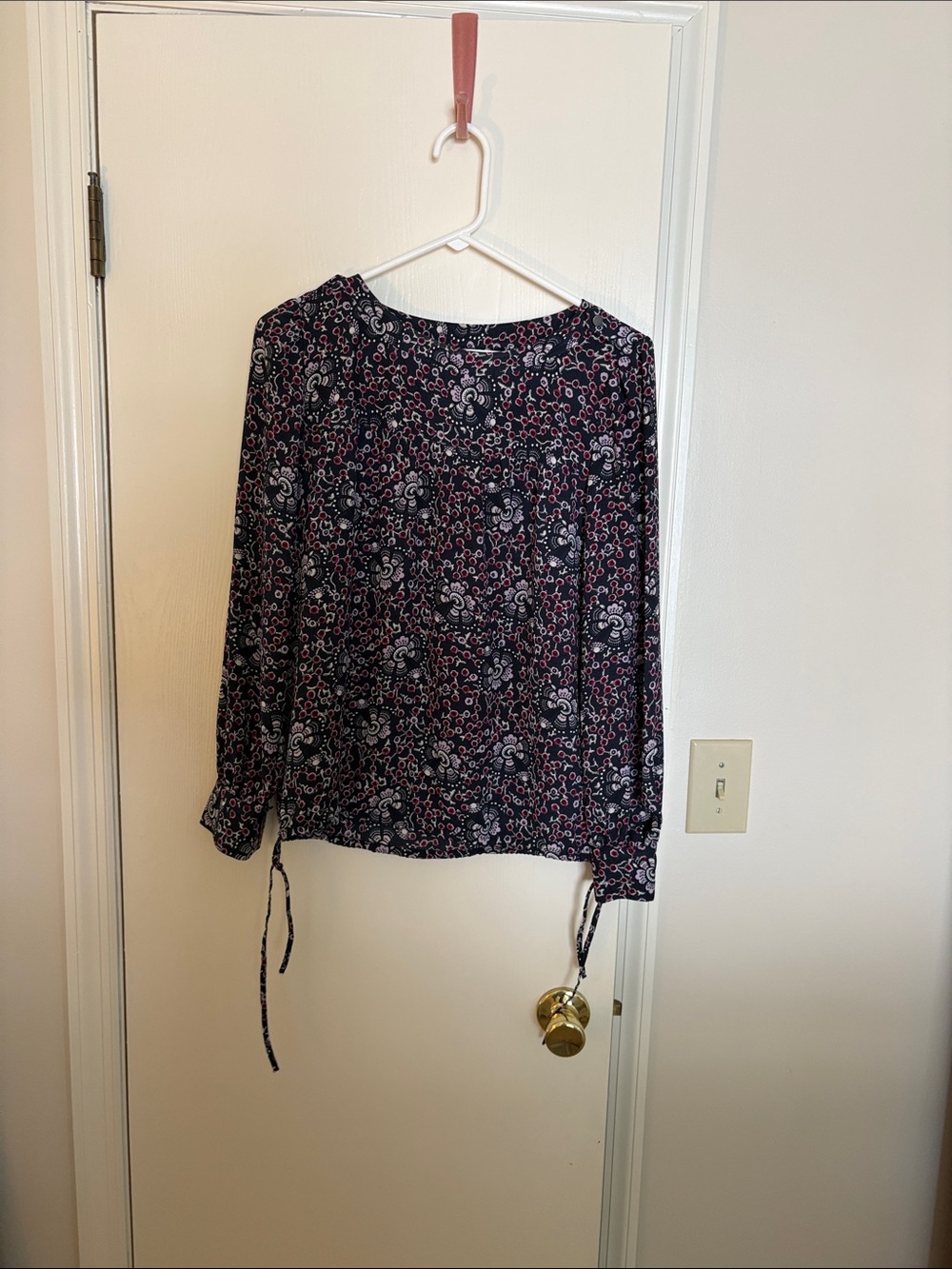 LOFT Navy Floral Tie-Hem Long-Sleeve Blouse